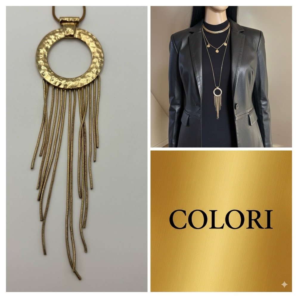 COLORI Gold Hammered Circle Tassel Statement Necklace